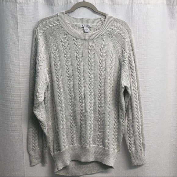 Athleta Sweaters - Athleta Crossroads white Merino Wool Blend Silver Metallic Cable knit Sweater M